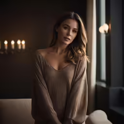 a woman in an elegant brown sweater looking into the distance