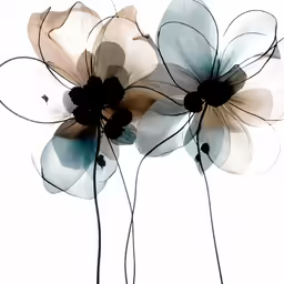 three flowers on a white background with black and gray
