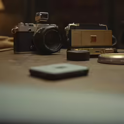 a camera and a cell phone sitting on a desk