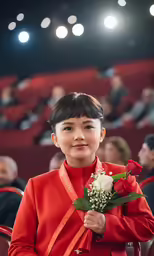 a boy is standing with flowers at an event