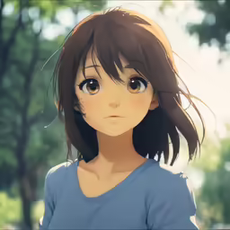an anime character in the background of trees and a park