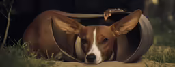 a dog has its head hanging out of a tube