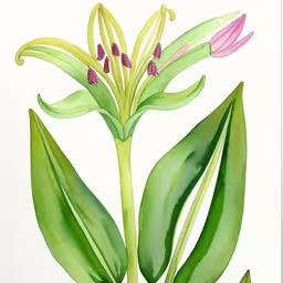a painting of flowers on white paper with green leaves