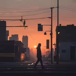 man walking in street at dusk next to railroad tracks