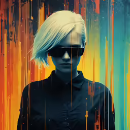 a person with sunglasses is standing in front of a backdrop