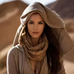 a woman with long brown hair wears a hat, scarf and scarf around her neck