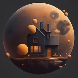 an illustration of a house and moon surrounded by bubbles