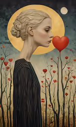 an altered photo of a woman in a dark shirt with red heart