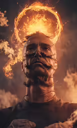 a man that is holding fire around his head