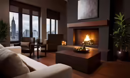 a room with a fireplace and lots of windows