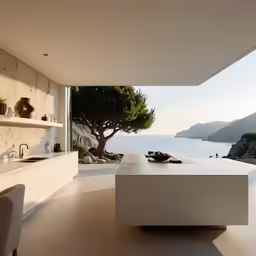 a table and some chairs are near a large open window