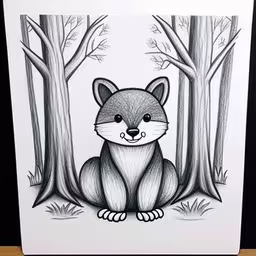 a drawing of a fox sitting between trees