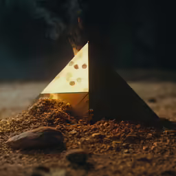a sculpture consisting of a triangular on top of rocks