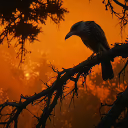an eagle sits in a tree at sunset