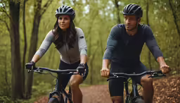 two people wearing helmet riding bicycles in the woods