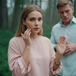 a man standing next to a young woman in a wooded area