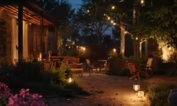 a lit candle on a patio near a house with some chairs