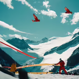the person in red suit is preparing to fly their skis