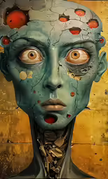 a strange looking woman with large orange eyes