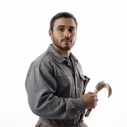 a man holding a fake bird next to his hand