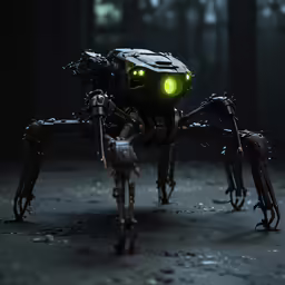 a humanoid computer has glowing eyes and legs