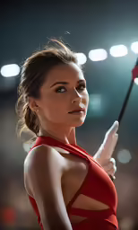 a woman in red is holding a baseball bat