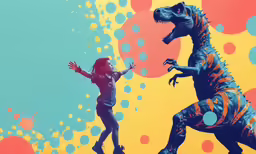 a girl and a dinosaur on a colorful background