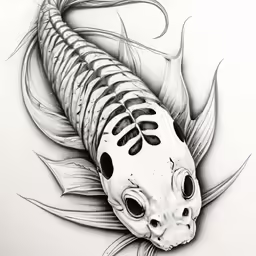 an ink drawing of a fish with skeleton face