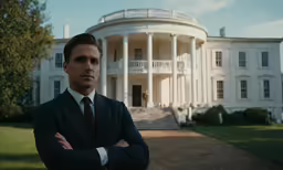 man in suit standing in front of the white house