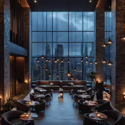 an elegant restaurant with large windows overlooking a city skyline
