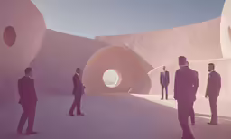 a group of people standing in front of a giant building