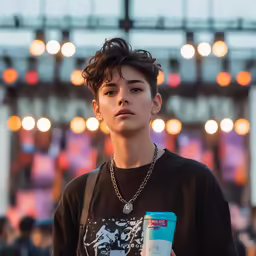 a young man in front of lights holding a coffee mug