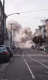 smoke billows from a street as cars and buildings are burned