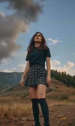 a woman in a skirt and black boots