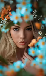 a beautiful blond girl with blue eyes and flowers