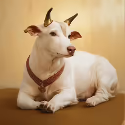 a dog with horns sitting on the ground