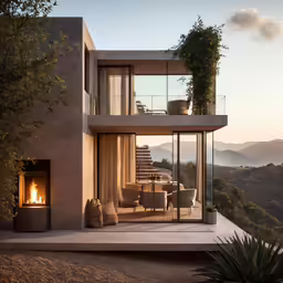 a patio with a fire place and a lounge chair on the side