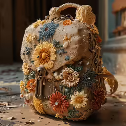 a bag with some flowers around it on the ground