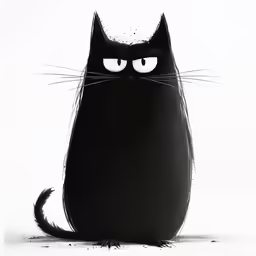 a drawing of a black cat with big eyes