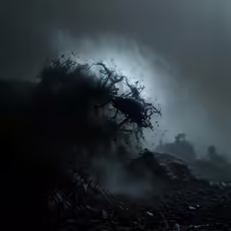 a dark scene of an abandoned building in the mist