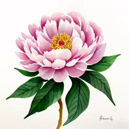 there is a painting of a pink flower with leaves,a pink flower with leaves on top of it