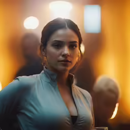 a woman wearing a gray shirt standing in front of some people