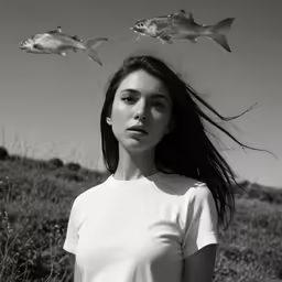 a woman is surrounded by three small fish