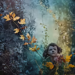 a woman sits behind some leaves and flowers