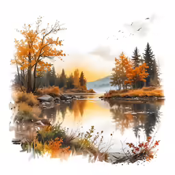 a watercolor painting of trees and foliage by the river