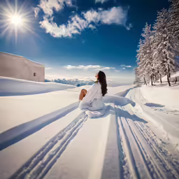 a woman sitting in the snow looking at the sun