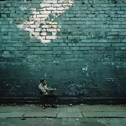 the man sits on a chair alone in front of a brick wall