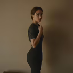 the woman poses in front of the wall