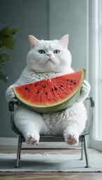 a white cat sitting on top of a chair holding a piece of watermelon