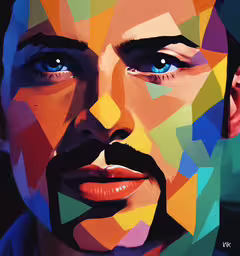 a man with blue eyes has many colors on his face,a portrait of a man